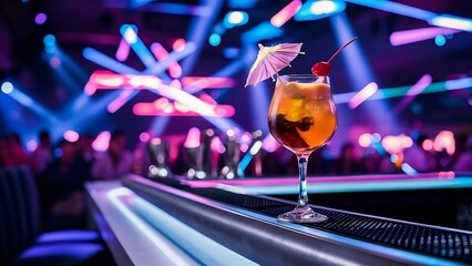 Alcoholic cocktail drink on the bar in night club with blurred background