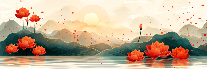 Lotus flowers blooming on a serene lake at sunset, suitable for tranquil spa settings. Vesak Day greeting card.