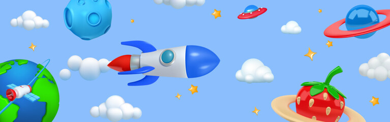 Naklejka premium 3D rocket. Cute space. Spaceship flight. Startup launch. Sky render shapes. Spacecraft speed flying. Stars or planets. Futuristic media. Earth satellite orbit. Vector cartoon background