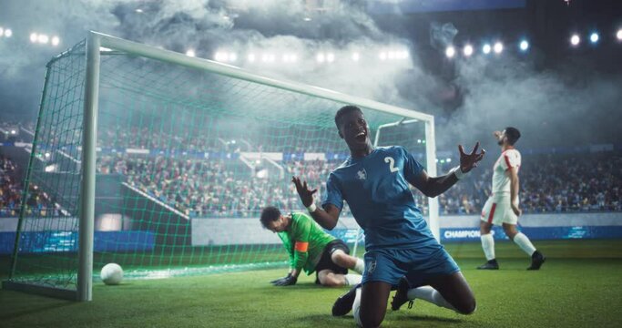Professional Goalkeeper Failing to Block the Goal From an Attacker. Joyful Soccer Team Members Excited About the Win, Celebrating a Long Awaited Victory Against the Competitors