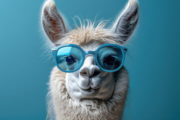 Fototapeta premium portrait of an alpaca with blue glasses. Created with Ai