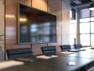 Elegant and sleek conference room interior with a prominent black screen on a wooden panel wall, surrounded by designer chairs