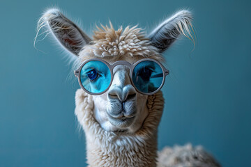 Fototapeta premium Portrait of an alpaca wearing blue glasses with a solid color background. Created with Ai