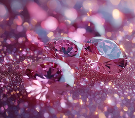 Pink diamonds, shiny and sparkling. The background is a dark purple with blurred light spots. Created with Ai