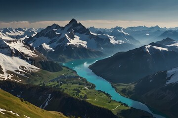 Beautiful Swiss lake running through the mountains, swiss mountains landscape, similar to Austria, Austrian landscapes and beautiful mountains