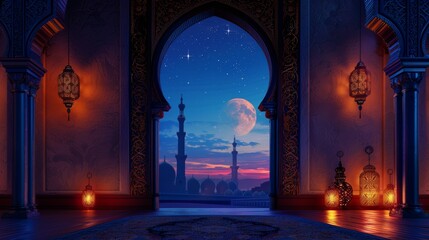 Intricately adorned interior archway framing a mosque against a starlit sky with glowing lanterns at dusk