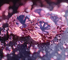 Pink diamonds, sparkling and dazzling, with reflections sparkling on the surface of each diamond. Created with Ai