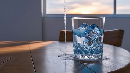 A glass of water with ice cubes on a table