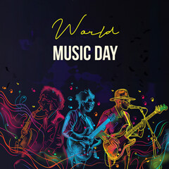 Illustration celebrating World Music Day with vibrant outlines of three musicians playing guitar, saxophone, and bass