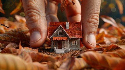 Fingers gently showcase a 3D Max miniature house against a backdrop of rustic autumn leaves
