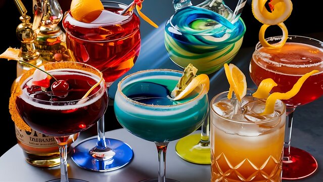 Tasty and colorful drinks based on various alcohols syrups and liqueurs unique effect of the bartender s work party night