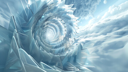Upward spiraling glass shards in icy blues create a delicate 3D ballet of light.