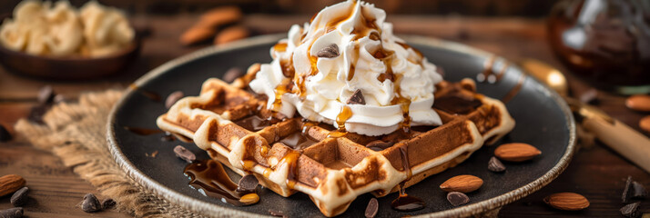 A mouthwatering image of waffles topped with a perfect swirl of whipped cream, chocolate drizzle, and whole almonds on a dark plate - obrazy, fototapety, plakaty