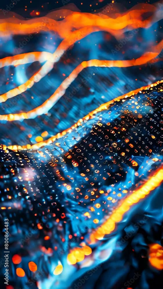 Poster Glowing data binary code background with digital particles and orange lights