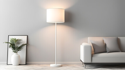 A white lamp is on a table next to a white couch