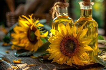Fototapeta premium Country scene sunflower oil in bottles with sunflower flowers close up