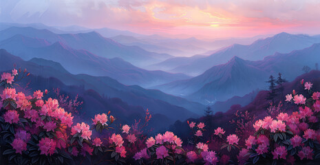A panoramic view of the Blue Ridge Mountains at sunrise, with purple rhododendron blossoms in full bloom on one side and rolling green hills stretching into the distance. Created with Ai