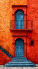 Vivid orange textured wall with contrasting blue wooden doors and a small wrought-iron balcony,...