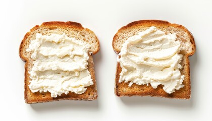 Cream cheese on toast white background top view selective focus