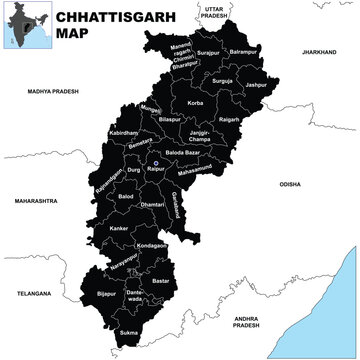 Silhouette Chhattisgarh map vector illustration on white background
