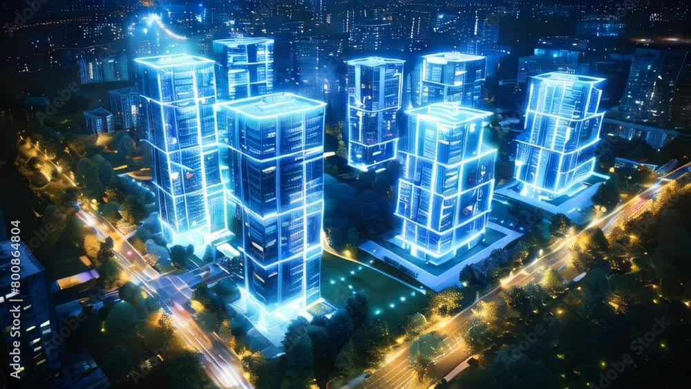 Wall mural Aerial view of an apartment complex with blue neon lights