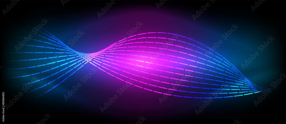 Poster A vibrant wave of electric blue and magenta on a dark background creates a striking visual effect with hints of purple and pink, reminiscent of gas in an artistically designed font