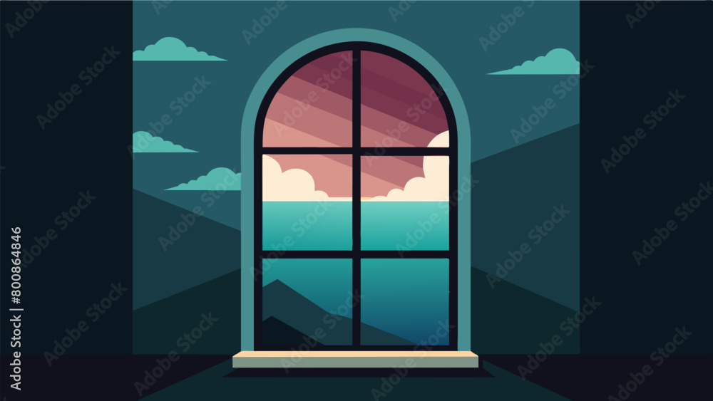 Poster a window with a view of a peaceful ocean symbolizing the new perspective and calmness that comes wit