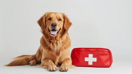 Attentive Golden Retriever With Red First Aid Kit