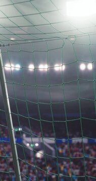 Vertical Screen: Soccer Ball Entering the Gate, Hitting the Net. Football Player Scoring the Goal. Goalkeeper Failing to Make a Save. Background with the whole Stadium with Cheering Spectators Visible