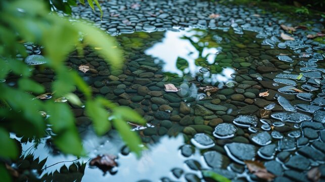 Tiny puddles on a pebbled pathway perfectly mirroring the surrounding foliage and creating a unique pattern..