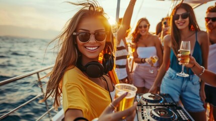 Party on a yacht Luxurious, beautiful and rich American girl cheers with champagne drinks. With a...
