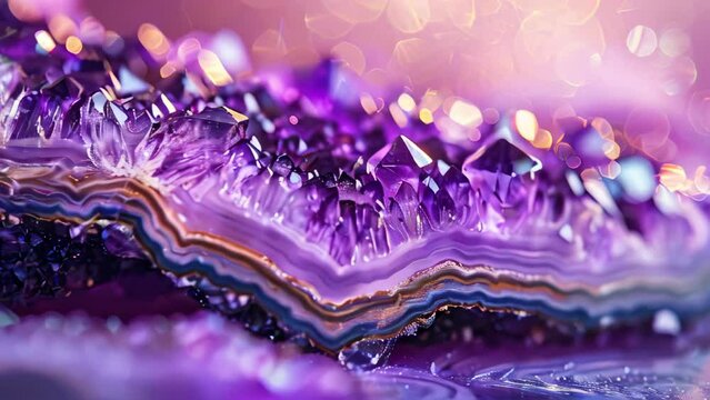 A closeup image of an amethyst slice of a geode