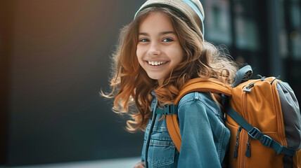 Smiling girl with backpack happiness and confidence, AI Generative.