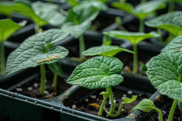 Obraz premium Cucumber seedlings in tray