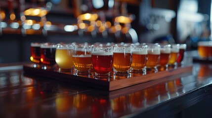 A captivating image of a beer flight, showcasing a variety of brews in small glasses, ready for a tasting experience on Beer Day Britain. - Powered by Adobe