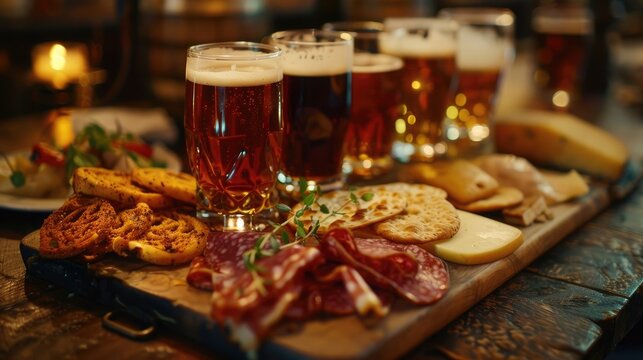 A captivating image of a beer pairing board, with cheeses, meats, and artisanal snacks complementing a flight of craft brews on Beer Day Britain.