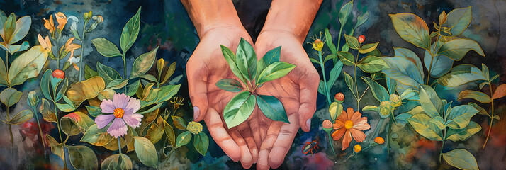This vibrant watercolor painting captures hands gently holding a green plant among a variety of flourishing flowers, symbolizing growth and care - obrazy, fototapety, plakaty