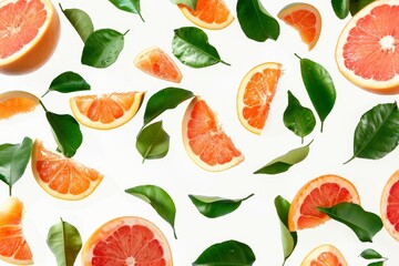 Fresh grapefruits and green leaves falling on a white background