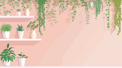 Shelf with houseplants hanging on color wall Vector illustration