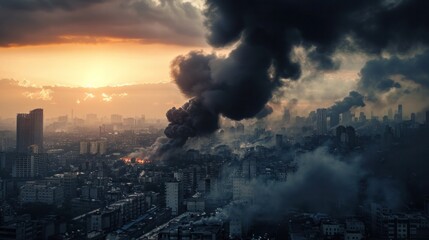 Obraz premium The cityscape was covered in thick black smoke.