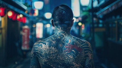 Obraz premium The art of tattooing on the back of a dangerous Japanese yakuza on the streets of Tokyo.