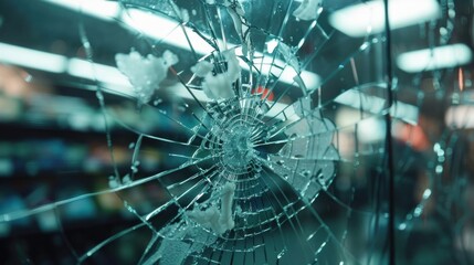 Shattered glass with a blurred background indicates the store's invasion.