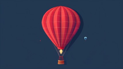 Flat solid color illustration of a ruby red hot air balloon on a navy blue background - obrazy, fototapety, plakaty