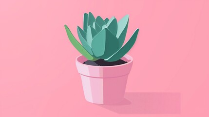 Flat solid color illustration of a sea green succulent plant in a small pot on a pink background