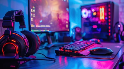 Close up of professional gaming setup on desktop in neon RGB colour Ai generated