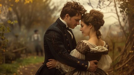Couple, a couple hugging each other in the romantic Victorian era. Spend a moment of love together in the countryside with romantic scenery.