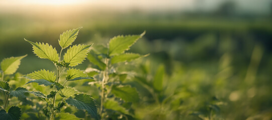 Close-up of fresh nettle leaves in green foliage background at sunrise. Side view of stinging nettle bush in the open. Medicinal plants background perfect for banner with copy space.	
 - obrazy, fototapety, plakaty