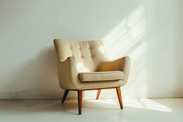 A mid-century modern armchair with tapered legs, showcased against a solid white backdrop.