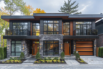  A stunning twostory modern home in the Montreal neighborhood, showcasing elegant stone and wood accents, large windows with black frames. Created with Ai 