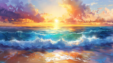 Sunset or summer sunrise over the sea. Calm waves. Bright warm colors. Morning or evening. The beauty of the sea. 